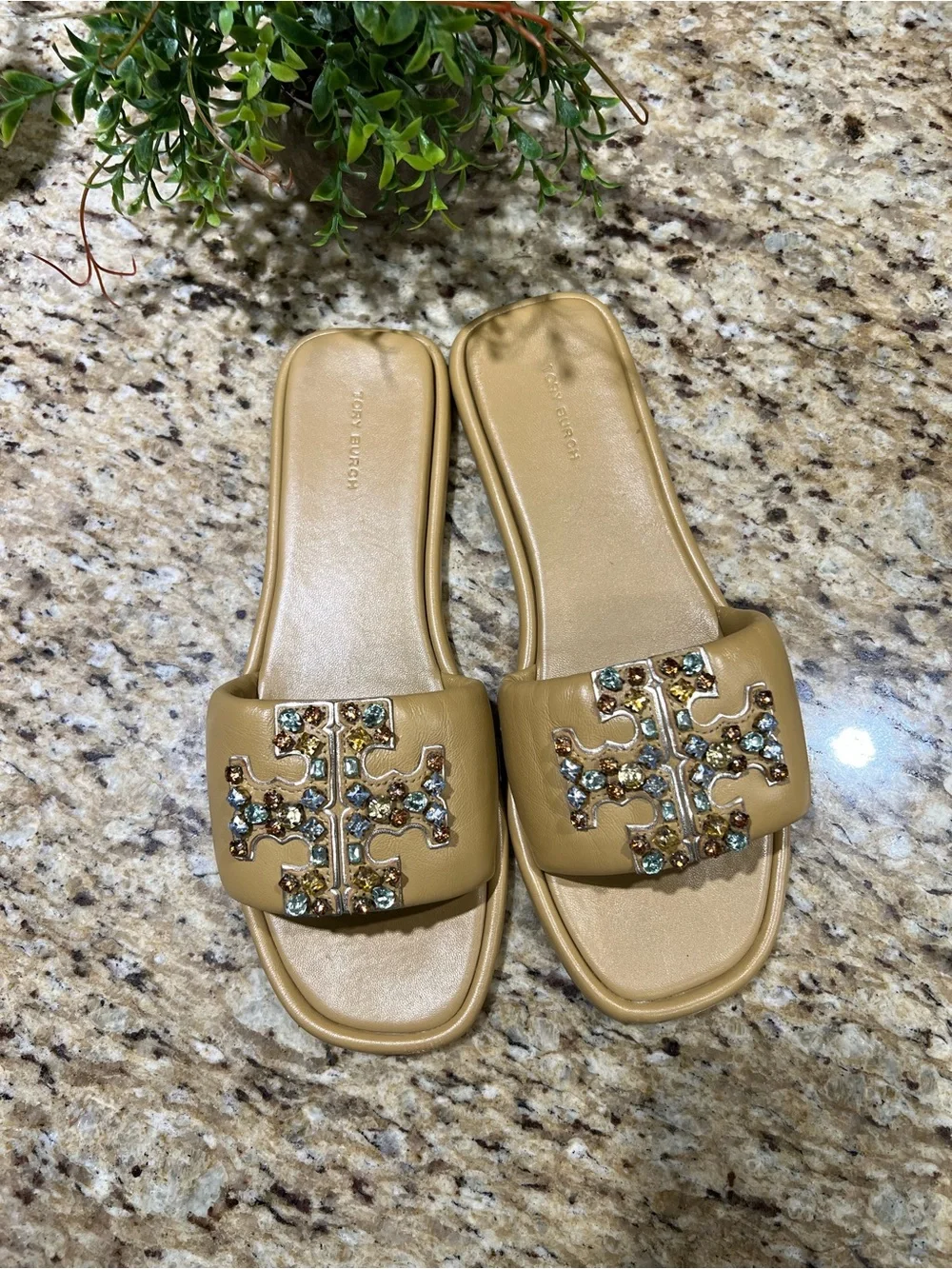 Tory Burch Eleanor Double T Crystal Slides Mules Sandals 10